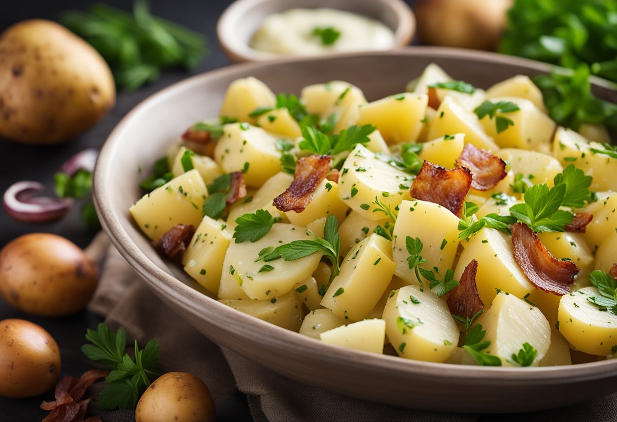 v2 31tjw bkq4k Opskrift på varm kartoffelsalat med bacon og sennepsdressing